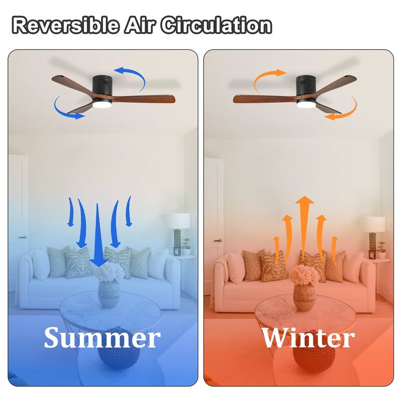 52" Ceiling Fan with Light, 3 Wood Blades and Remote Control, Reversible DC Motor
