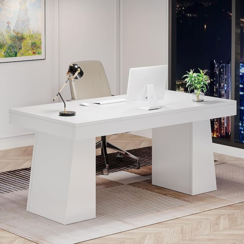 55 Inches Executive Desk with Double Trapezoid Base for home office - White