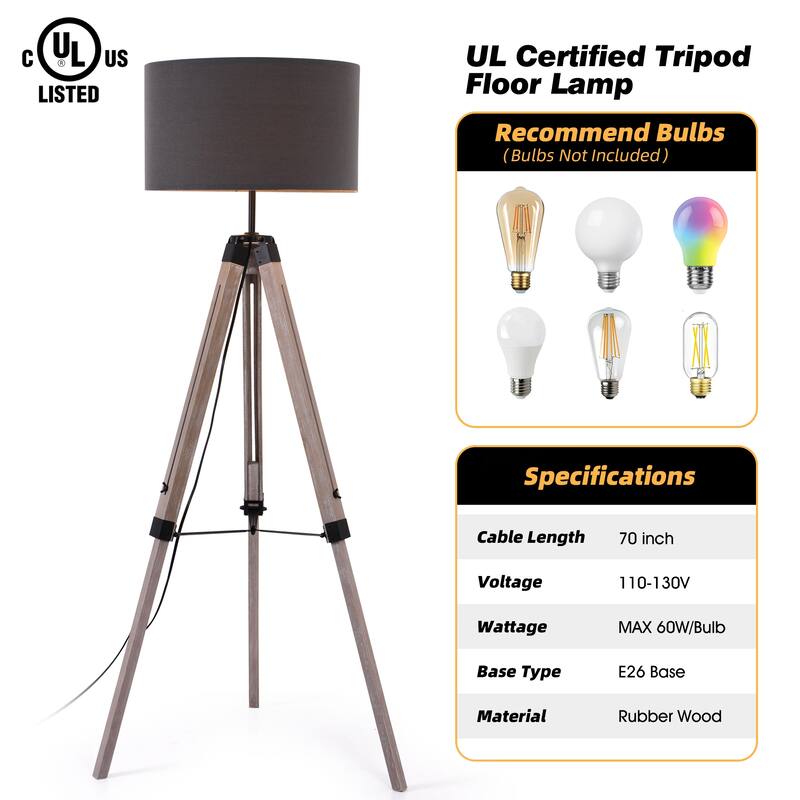 58 in. Modern Tripod Floor Lamp with Rubberwood Base and Linen KD Lampshade, Adjustable Height for Bedroom, Living Room