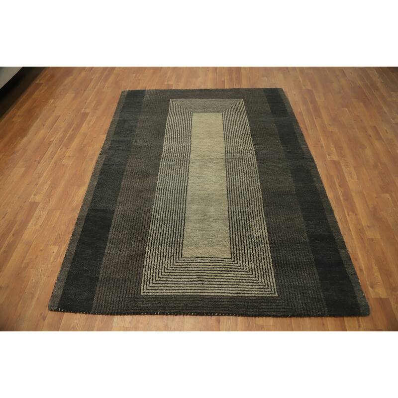 Hand Knotted Oriental 100% Wool Carpet Modern Geometric Greys & Charcoal Gabbeh Area Rug - 6' 7'' X 5' 1''