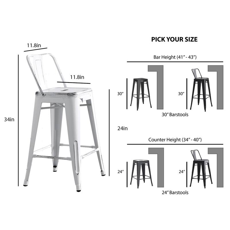 24" Seat Modern Light Weight Industrial Contemporary Metal Barstools with Bucket Back and 4 Leg Design, Bar Stools (Set of 2)