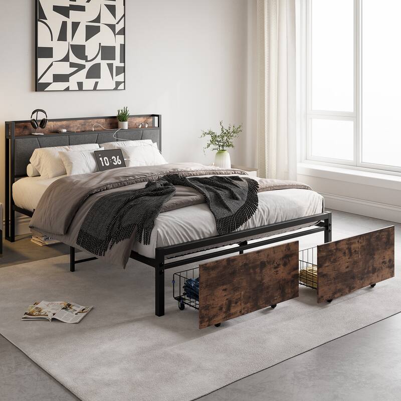 Bed Frame, Storage Headboard with Charging Station and 2 Storage Drawers