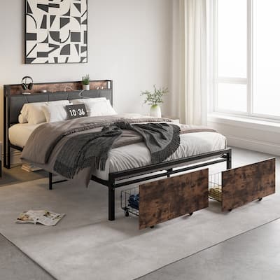 Queen Size Bed Frame with Storage Headboard Charging Station 2 Drawers Solid Stable Noise-Free Vintage Brown and Gray