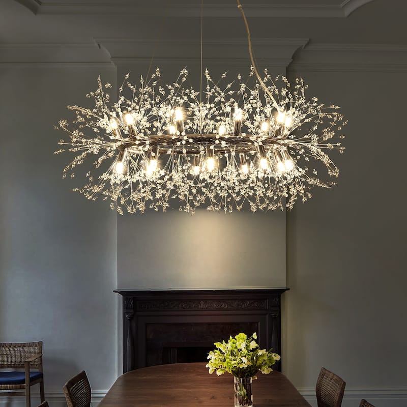 12/20 - Light Modern Glam Sputnik Wagon Wheel Crystal Chandelier for Entryway, Living Room(Bulbs Included) - 20-Light: 39.4" W x 15.7" H - Chrome