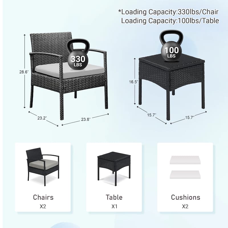 Outdoor Furniture 3 Piece Patio Bistro Furniture Set, Rattan Conversation Chairs Set with Side Table and Cushions