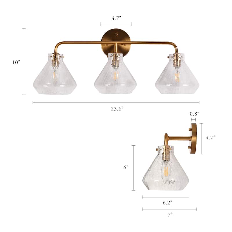 Modern Gold 3-Light Bathroom Vanity Light Glass Wall Sconces - W 23.6" x D 7" x H 10"