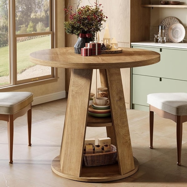 slide 2 of 9, 31.5" Small Round Wood Dining Kitchen Table for 2 with Storage Shelf - 31.5" W x 31.5" D x 29.5" H Light Brown