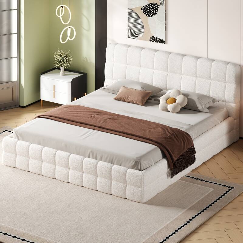 Upholstered Platform Bed with Headboard, No Box Spring Needed Low Profile Bed, Wood Slat Support Grounding Bed - White - King