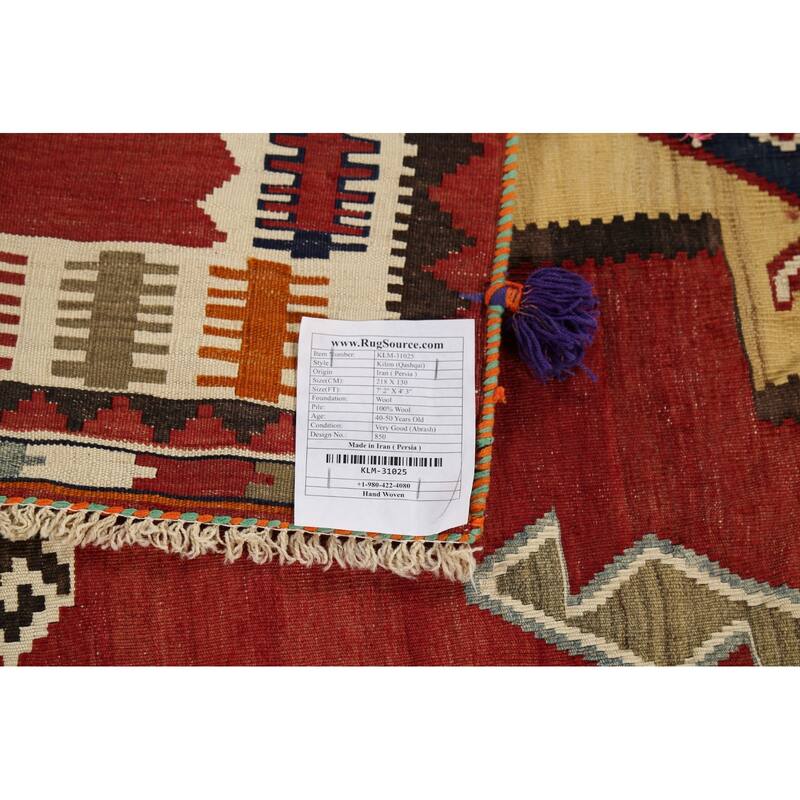 Red Kilim Qashqai Persian Vintage Rug Hand-Knotted Wool Carpet - 4'3"x 7'2"