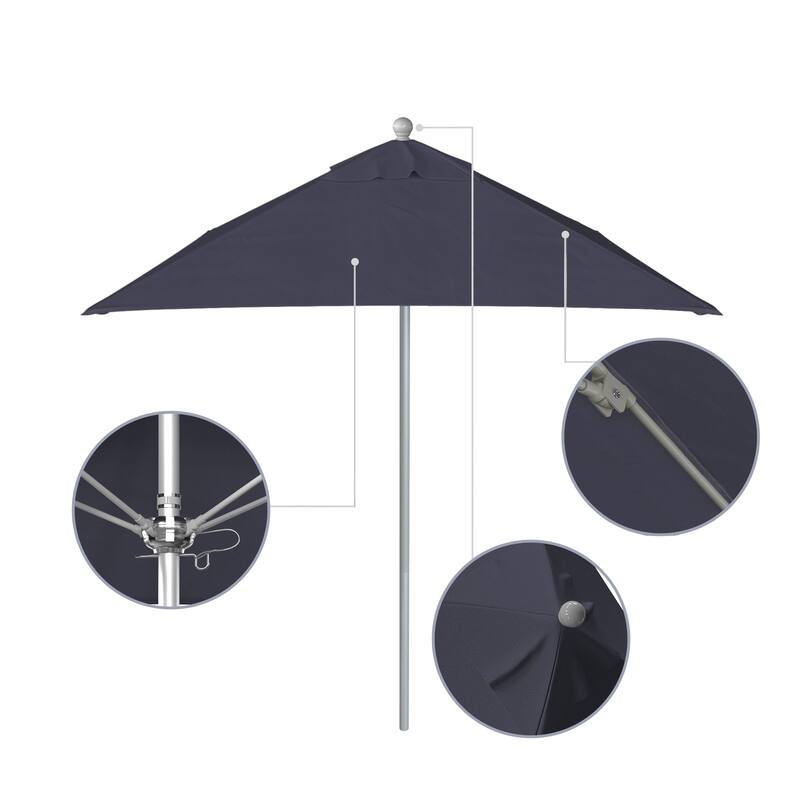 California Umbrella 6' Sq. Aluminum Frame, Fiberglass Rib Patio Umbrella, Push Open, Anodized Sliver Finish, Sunbrella Fabric