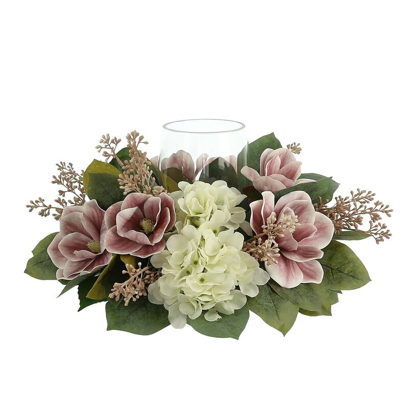 Peony and Hydrangea Glass Candle Holder Centerpiece - Pink, Wite