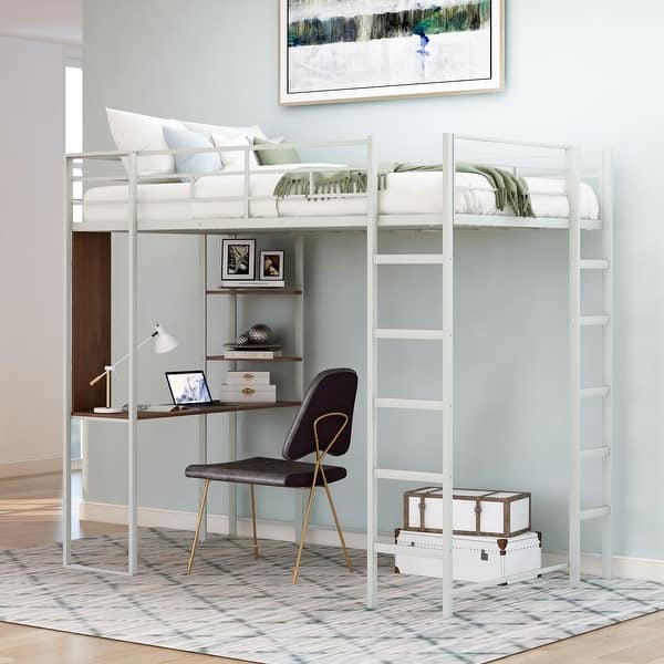slide 2 of 20, Silver Twin Size Metal Loft Bed with Ladder, Fence, 2 Shelves and Desk for Bedroom Silver