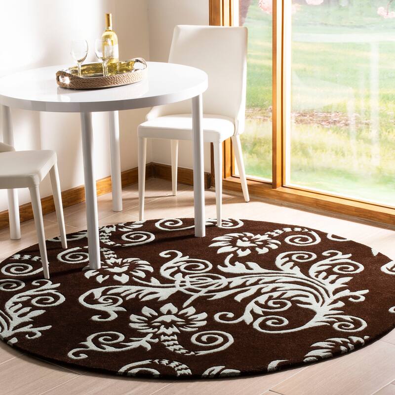 SAFAVIEH Handmade Soho Cassondra Scroll N.Z. Wool Rug - 6' Round - Light Brown/Blue