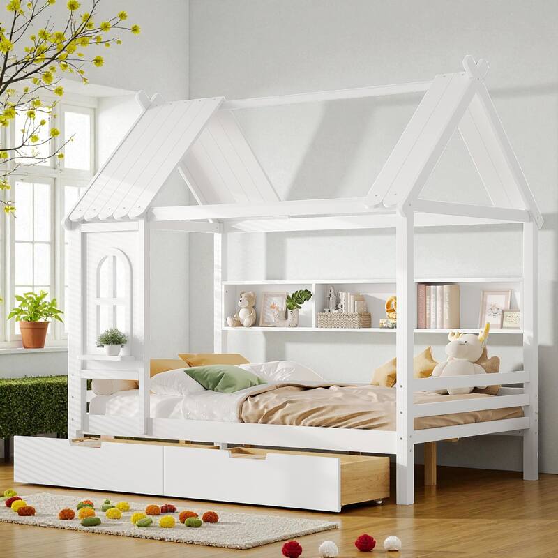 Twin/Full Size Wooden House Bed with Drawers and Shelves, Kids Platform Bed Frame with Window Roof Design