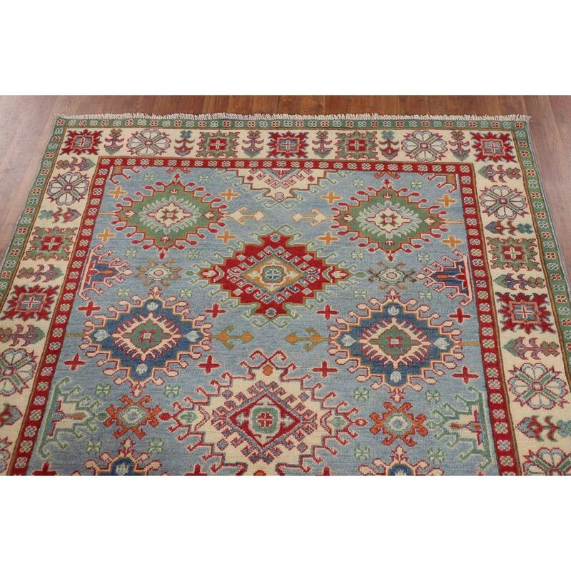 Light Blue Geometric Kazak Rug Living Room Hand-Knotted Wool Carpet - 5'0" x 6'7"
