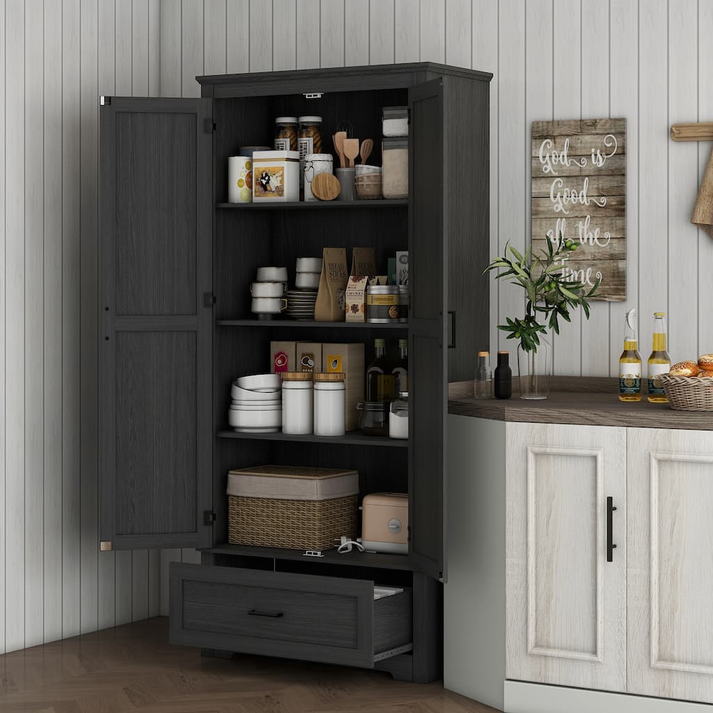 Modern Black Kitchen Pantry Cabinet with Adjustable Shelves Drawer Storage for Kitchen or Dining - 31.5" W x 15.7" D x 68.9" H
