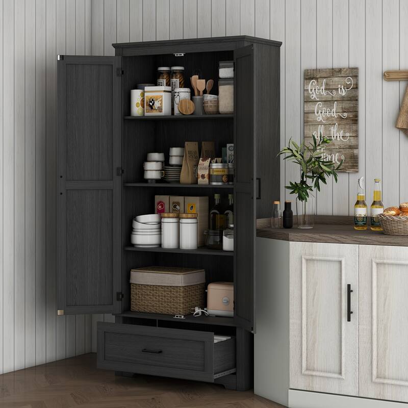 Tall Kitchen Pantry Storage Cabinet with Smooth-Glide Drawer, Freestanding Buffet with Adjustable Shelves
