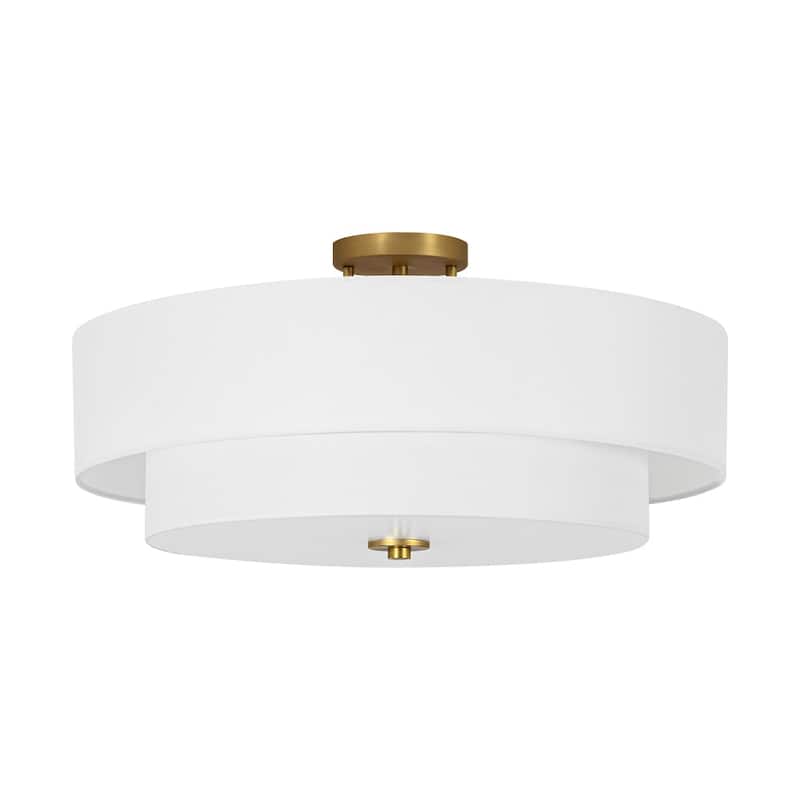 French Country Brass Round White Linen Drum Ceiling Light