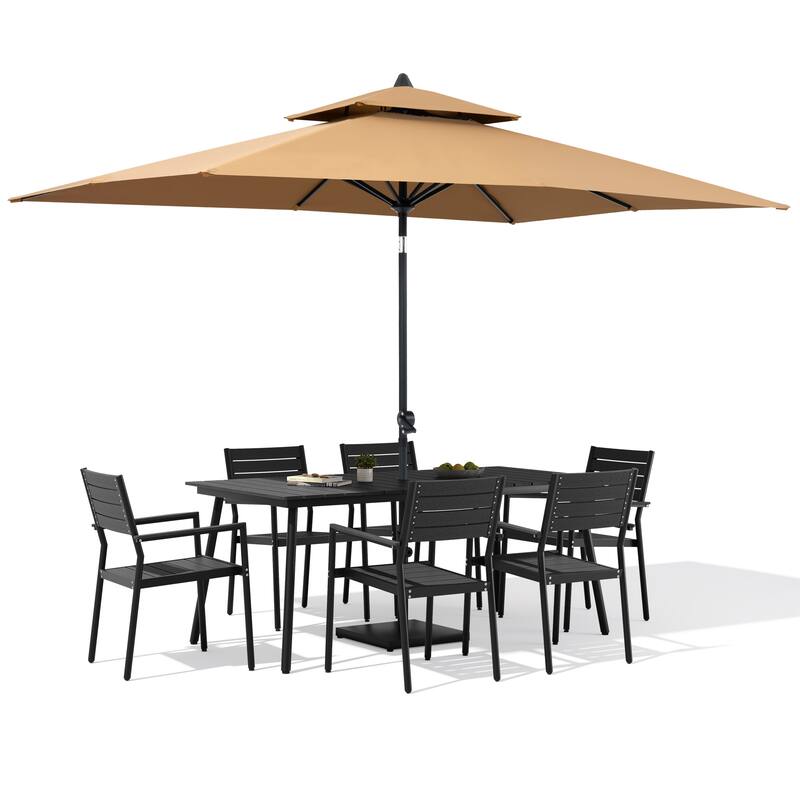 9-Piece Patio Dining Set Outdoor Aluminum Dining Table and Stackable Chairs with Umbrella and Base
