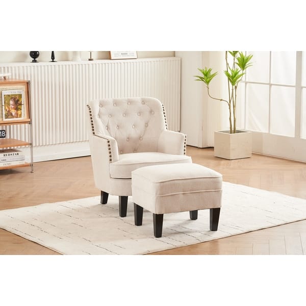 Natural Fabric Button Tufted Accent Chair with Ottoman, Upholstered Single Club Chair, Comfort