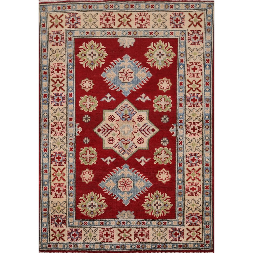 Red Kazak Foyer Rug Hand-Knotted Wool Carpet - 3'3" x 4'6"