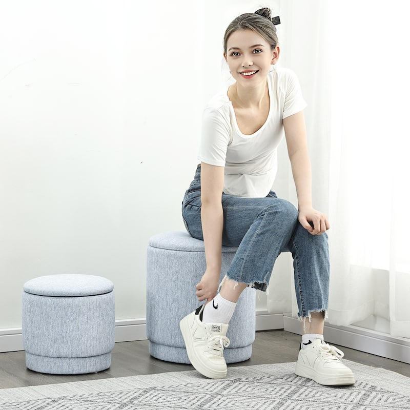 Adeco 2-Piece Round Fabric Storage Ottoman Set with Removable Lids