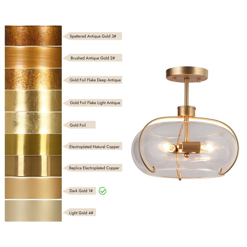 Modern Gold 3-Light Semi Flush Mount Ceiling Light with Clear Glass - Dark Gold - Dia.12"xH11.5"