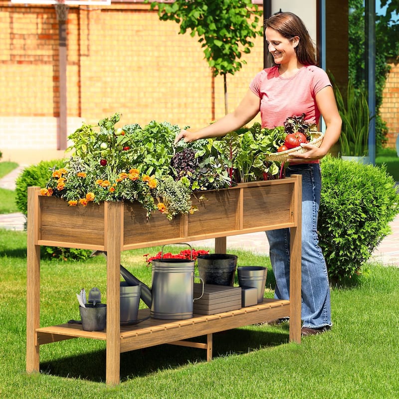 Moasis Poly Wood Raised Garden Bed Planter Box Stand Weather Resistant with Legs and Storage Shelf