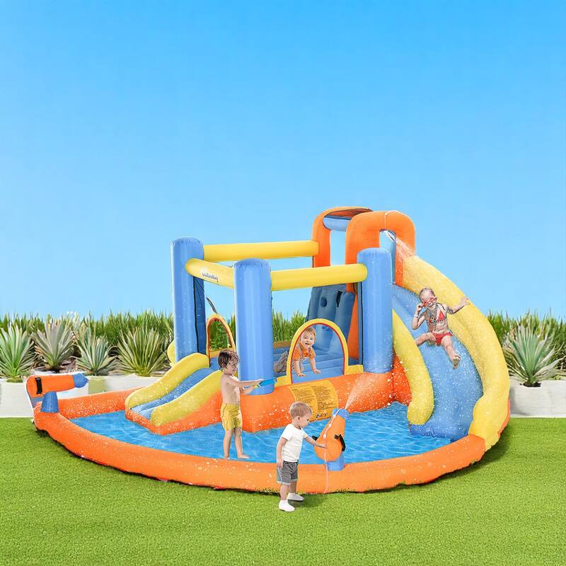 Inflatable Water Slide Bounce House with Blower, Kids Outdoor Bouncy Castle with Pool, Slide, Climbing Wall & Water Guns