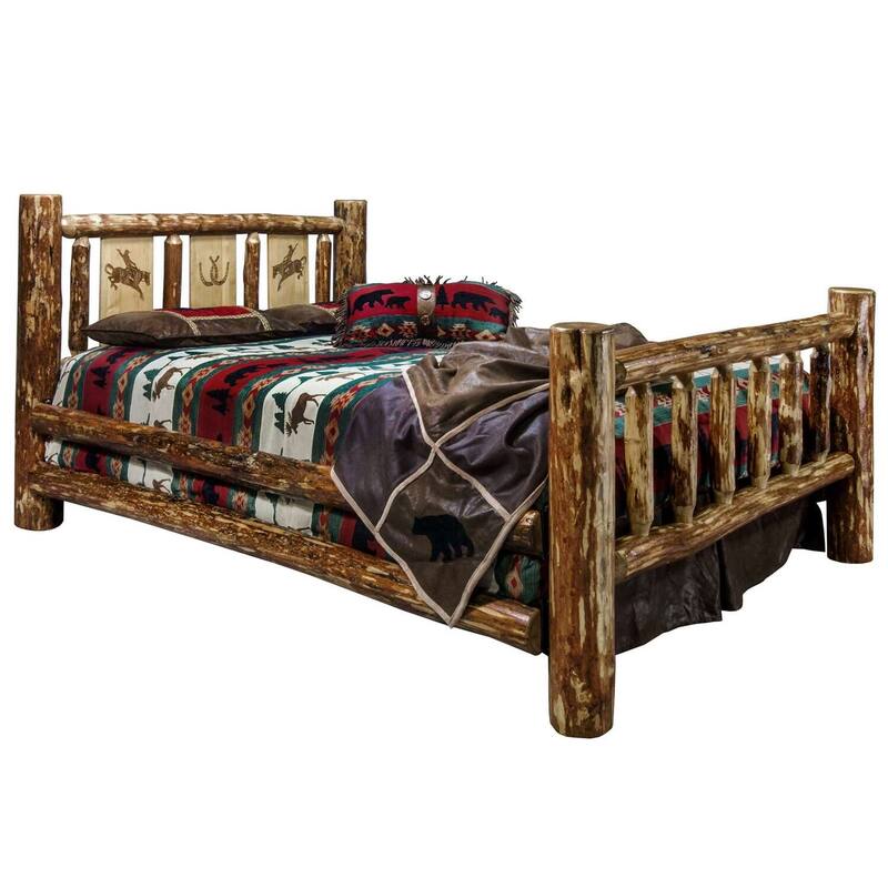 Rustic Bed with Bronc Design - Log Bed Frame - Country Style Bed - 94" x 66" - Solid Wood Bed