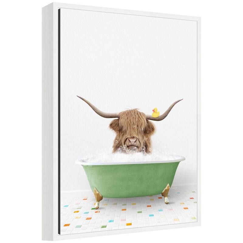 Kate and Laurel Sylvie Highland Cow in Green Bathtub on Colored Tile Framed Canvas by Amy Peterson - White