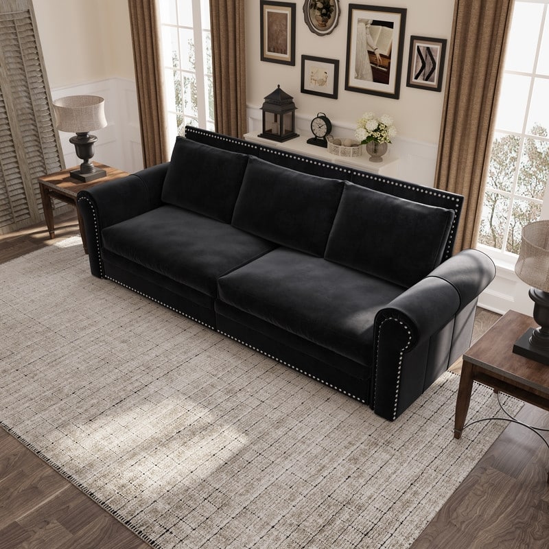 3-in-1 King Pull Out Sofa Bed Chesterfield Sofa, Velvet/Faux Leather Convertible Sleeper Sofa with Nailhead Trim & Rolled Arm