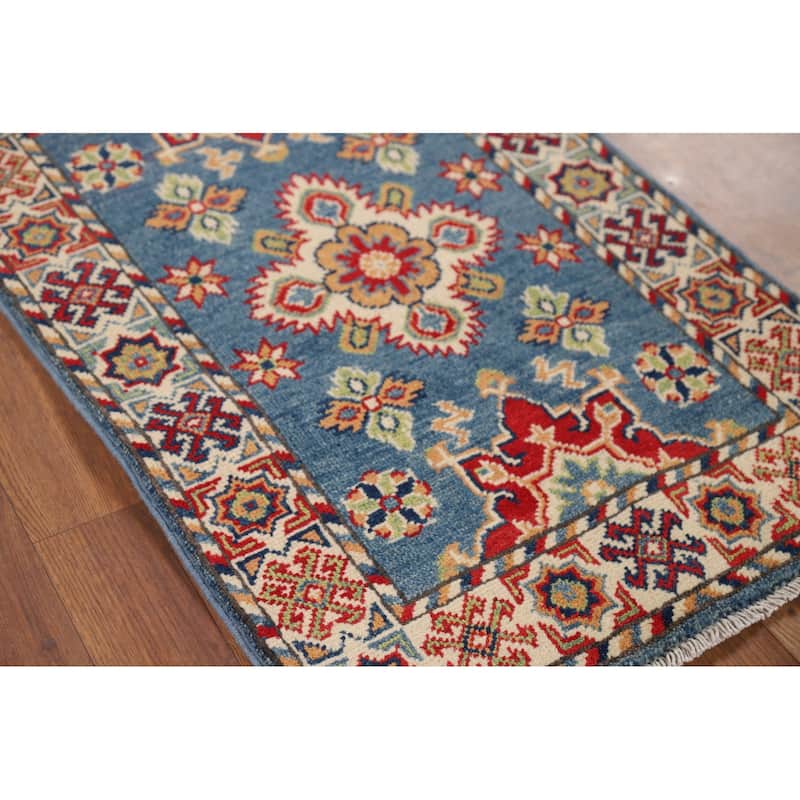 Hand Knotted Oriental 100% Wool Carpet Traditional Geometric Navy Blue & Blues Kazak Area Rug - 2' 11'' X 1' 11''