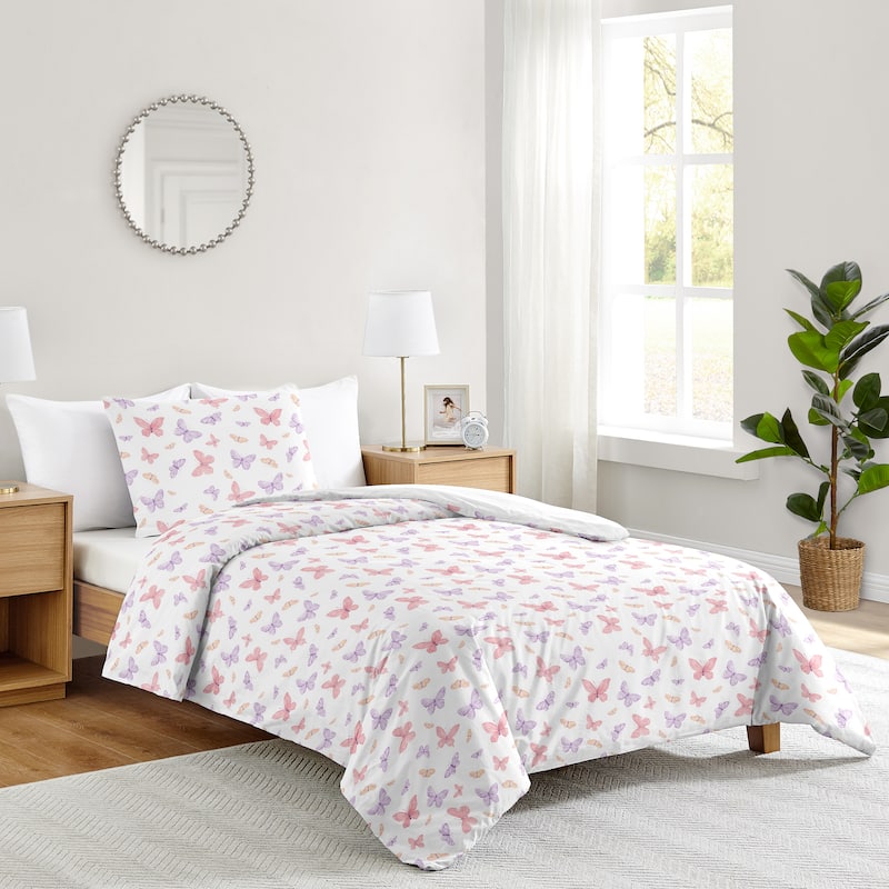 Sweet Jojo Designs Pink/Purple Shabby Chic Butterfly Girl 4pc Twin-size Comforter Set - Colorful Butterflies Pastel Watercolor
