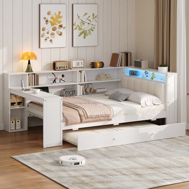 Daybed with Desk & Trundle Storage Bookcase Daybed with Socket and LED