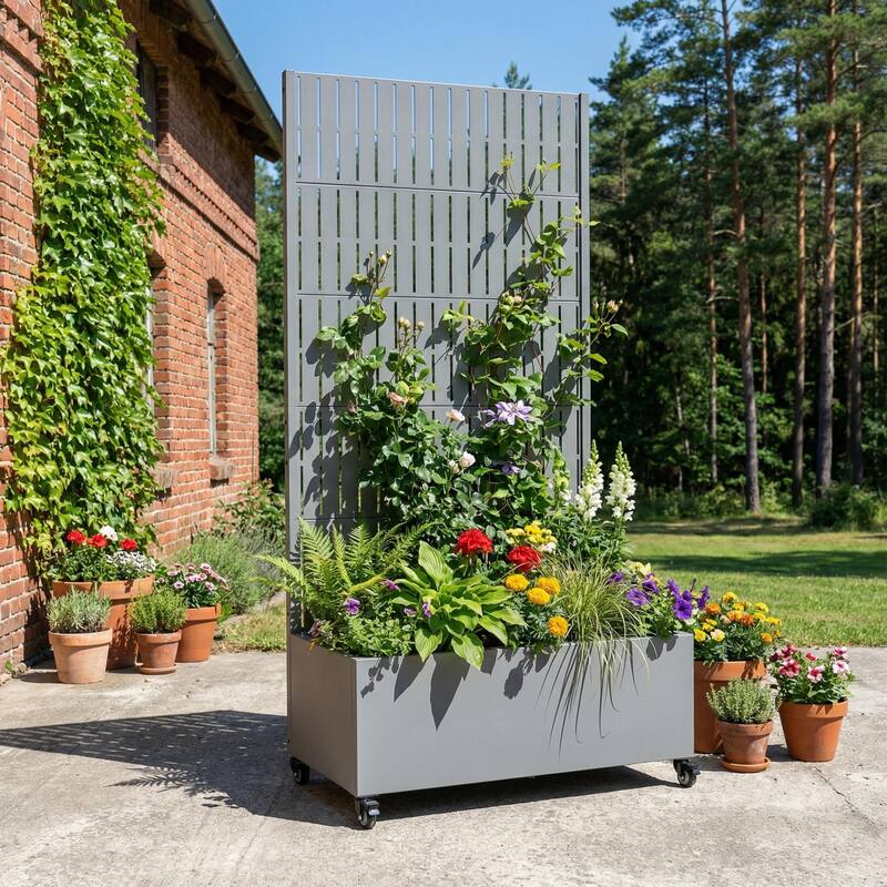 Raised Garden Bed Planter with Trellis Movable Planter Box with Lockable Wheels