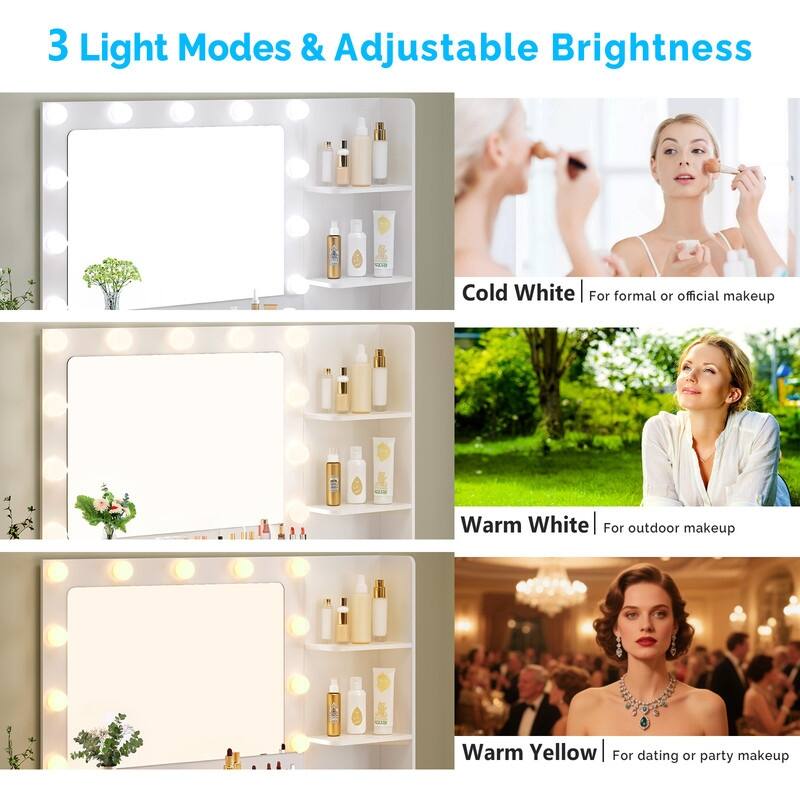 Particle Board Veneered with Textured Melamine, 5-drawer 2-Shelf, comes with 11 Three-color Dimmable Bulbs, Dressing Table Set
