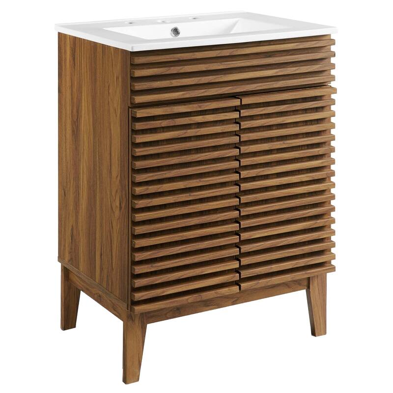 Render 24 Inch Mid-Century Bathroom Vanity With Sink in Walnut White