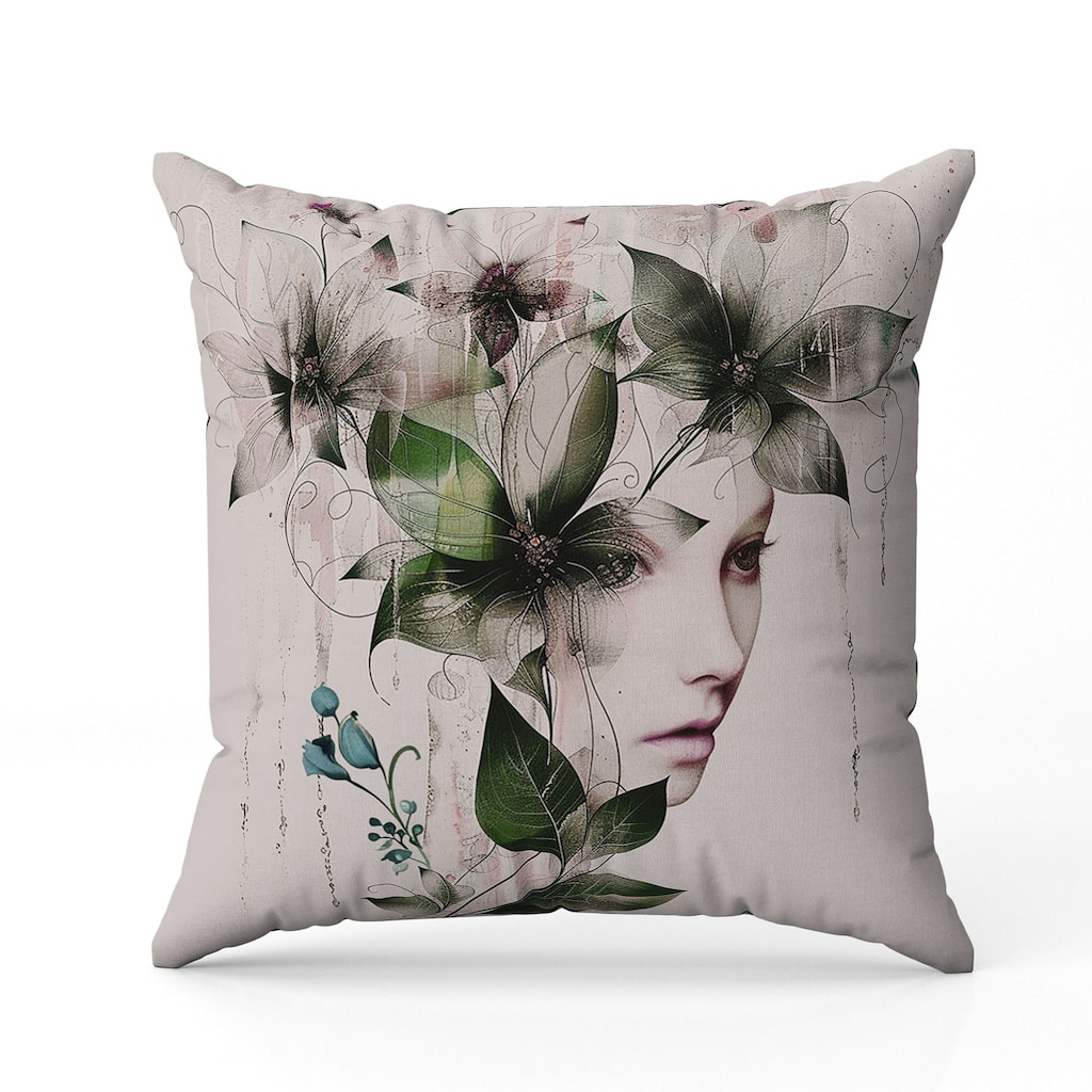 Flora Face Faux Suede Reversible Throw Pillow Green and Cyan