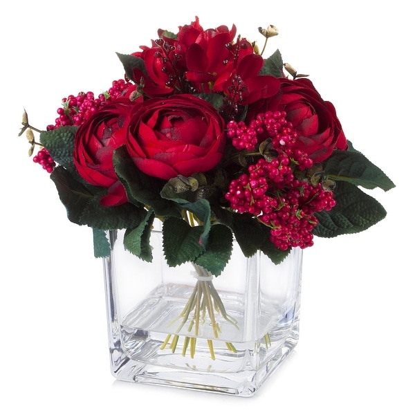 Enova Home Mixed Silk Ranunculus Flower in Cube Glass Vase With Faux Water For Home Decoration. Opens flyout.