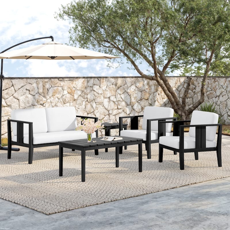 5-Piece Teak Wood Outdoor Conversation Set - Black frame - Beige/Black