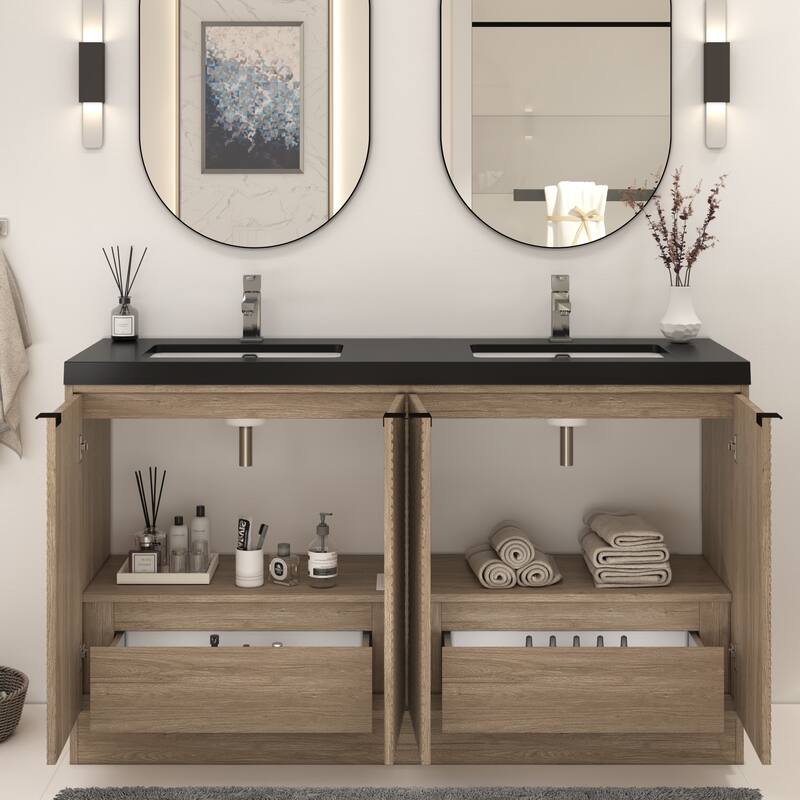Milano 60" Freestanding Bathroom Vanity with Double Black Acrylic Sink