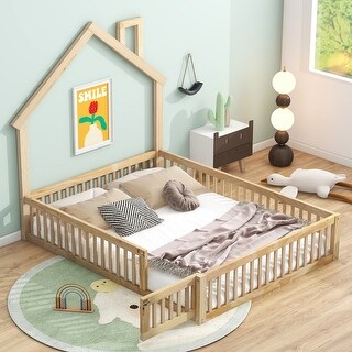 House Bed with Fence and Chimney Design, Floor Bed Frame with House-Shaped Headboard