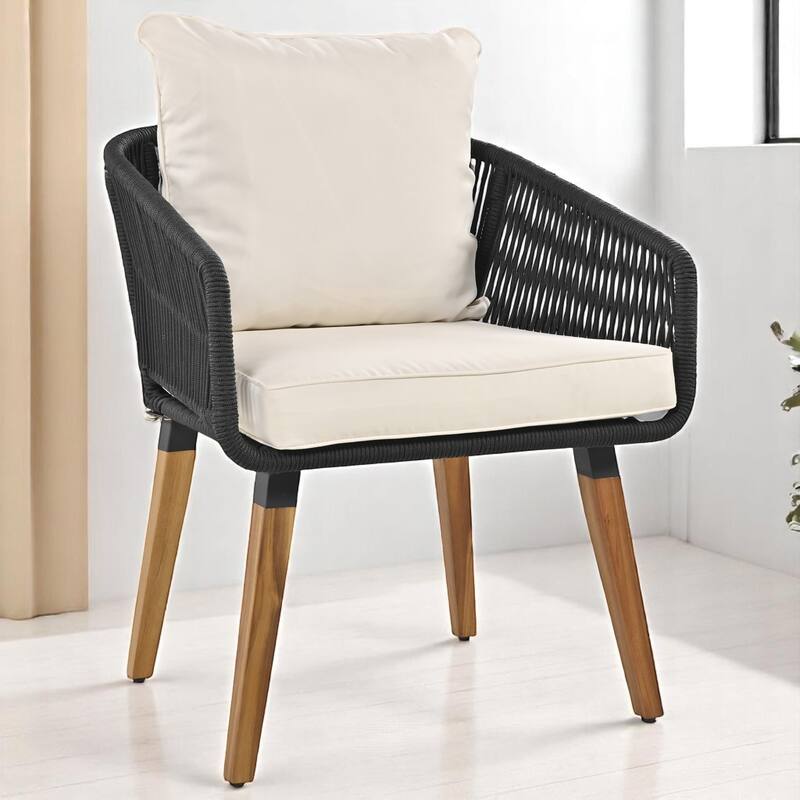 6-Piece Outdoor Wicker Sofa Set Acacia Wood Coffee Table with Ice Bucket, and Ottomans-Patio Furniture Set