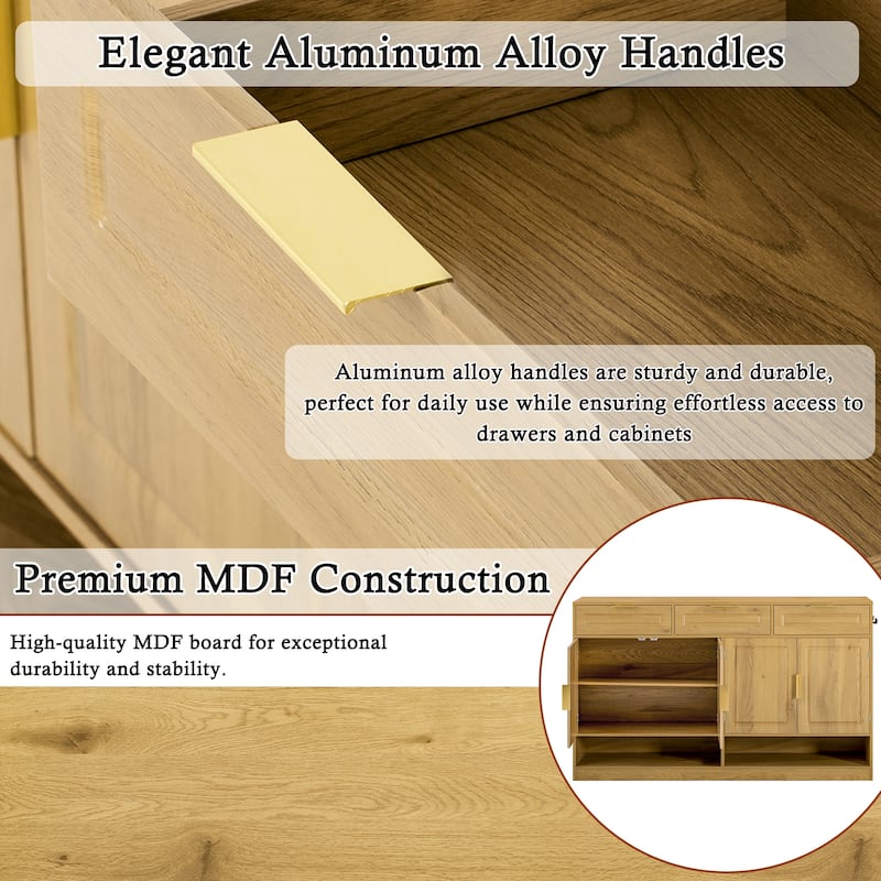 Sideboard with 4 Doors & 3 Drawers, Buffet Cabinet with Adjustable Shelf & Open Shelf, Multi-Functional Wooden Storage Cabinet