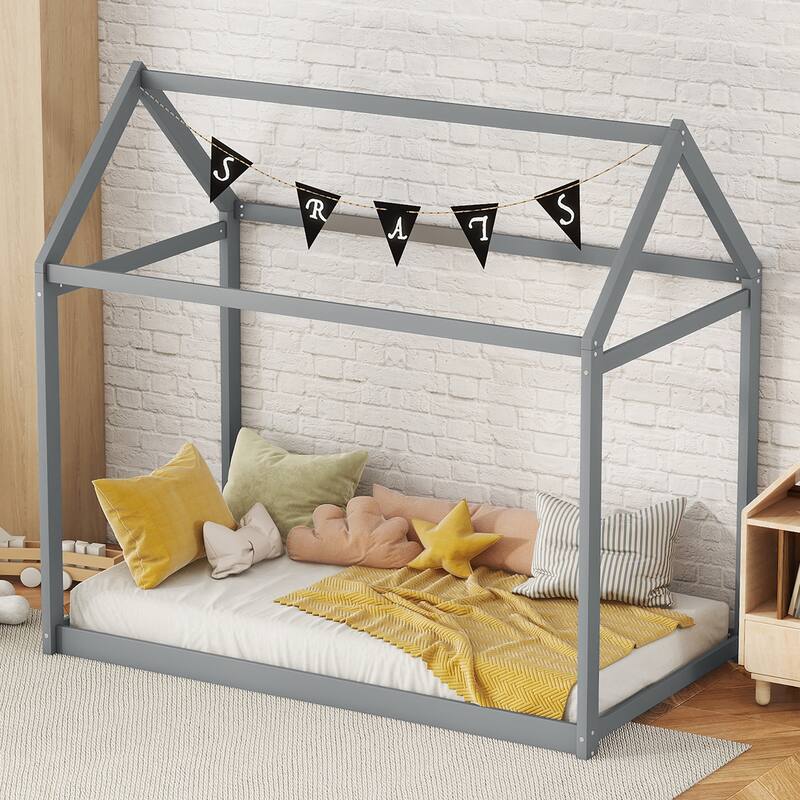 Gray Twin Size Wooden House Bed for Kids - Durable Pine & MDF Construction