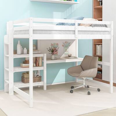 Full Size Wooden Loft Bed with Shelves, Desk and Writing Board