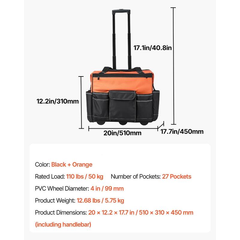 Heavy Duty Rolling Tool Bag 27 Pockets Large Capacity on Wheels - 20 x 12.2 x 17.7 in