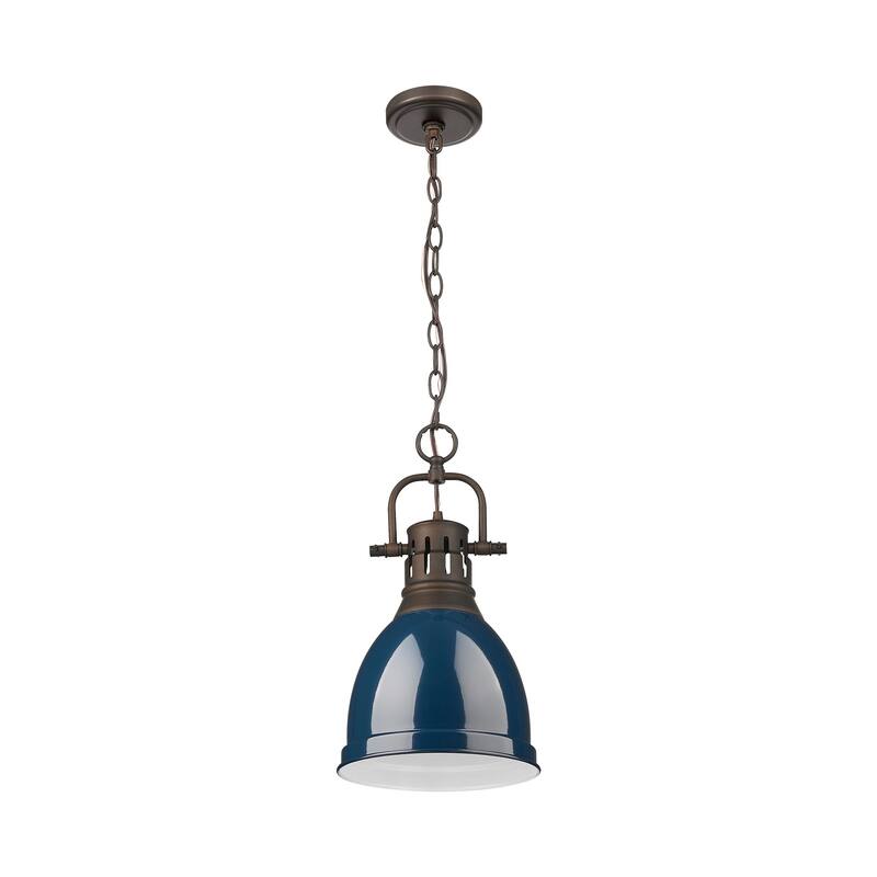 Yep by Golden Lighting Duncan 1-light 9in Chain Hung Pendant in Rubbed Bronze and Navy Blue shade