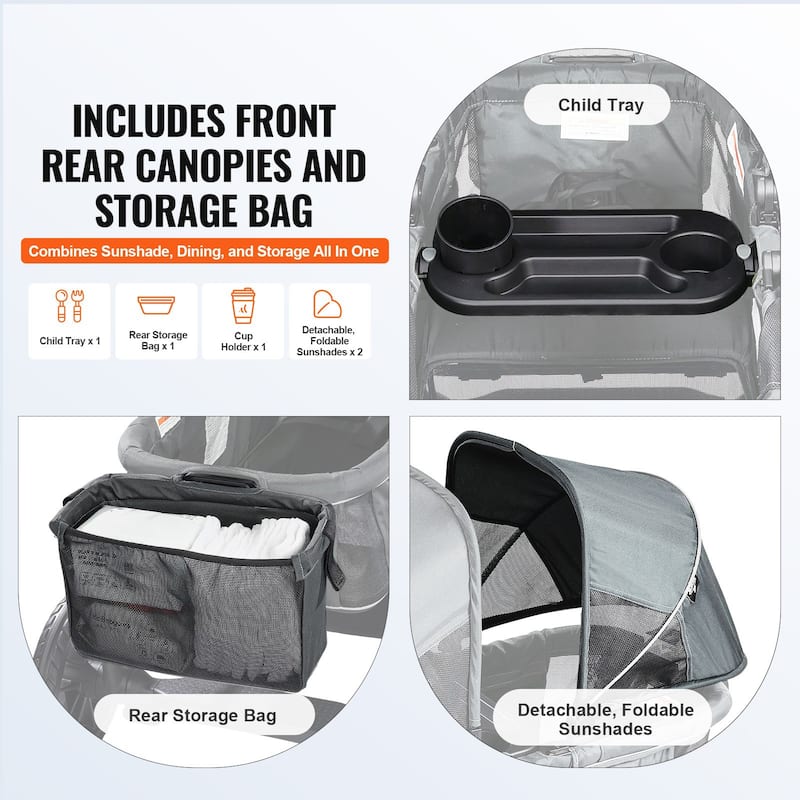 Carbon Steel All-Terrain Stroller Wagon Foldable Twin with Canopy and Tray - 47.2” L x 27.2” W x 42.1” H